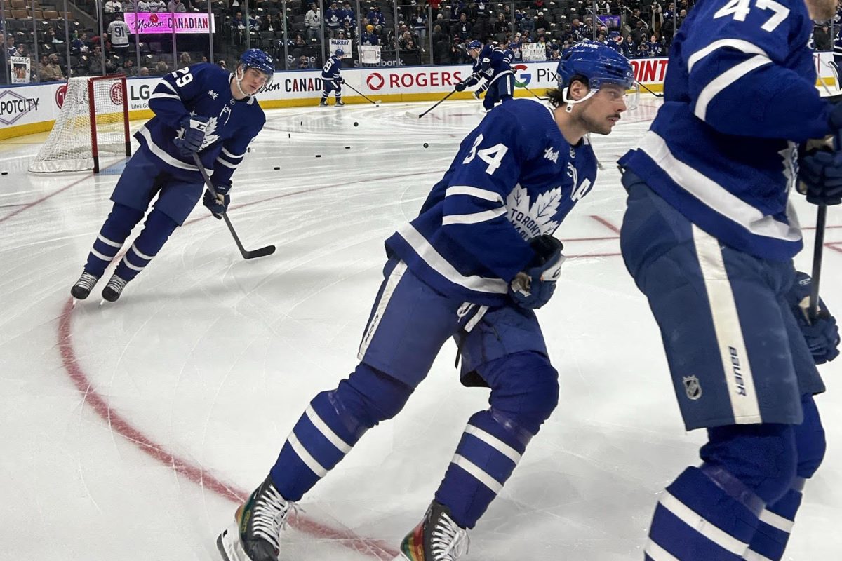 Auston Matthews, who plays for the Toronto Maple Leafs, warms up before a regular season game versus the Tampa Bay Lighting. Matthews demonstrated his goal-scoring skills at the All-Star Game and won the All-Star Most Valuable Player award.